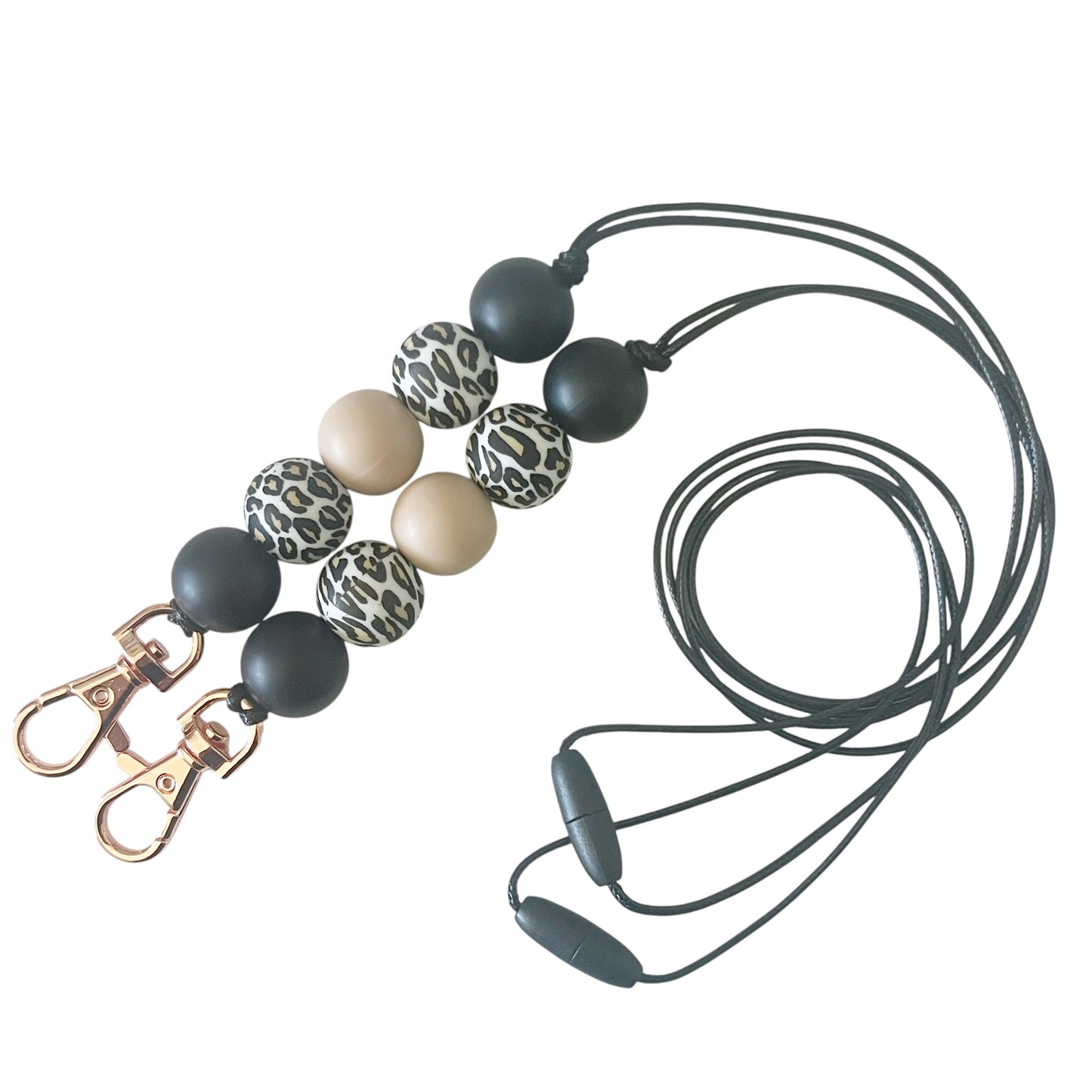 Black Leopard Print SILICONE BEAD Rose Gold LANYARD