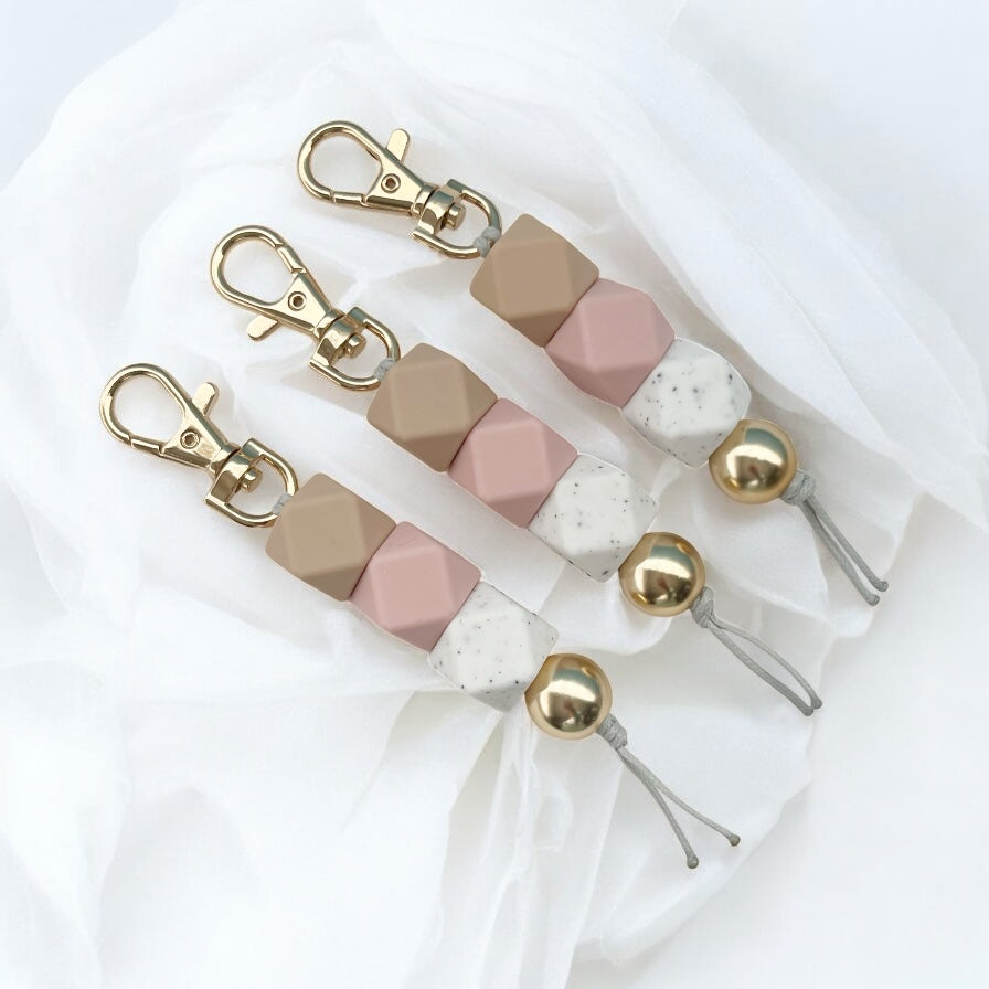 Beige Pink White Speck SILICONE BEAD KEYRING