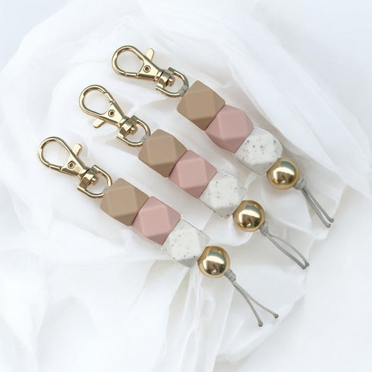 Beige Pink White Speck SILICONE BEAD KEYRING