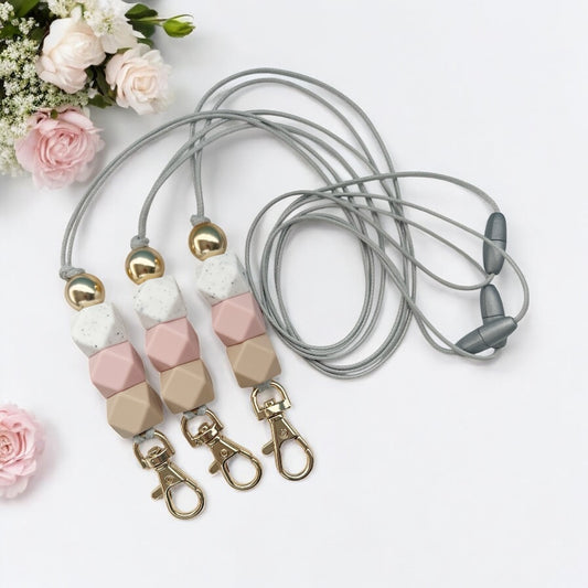 Beige Pink White Speck SILICONE BEAD LANYARD