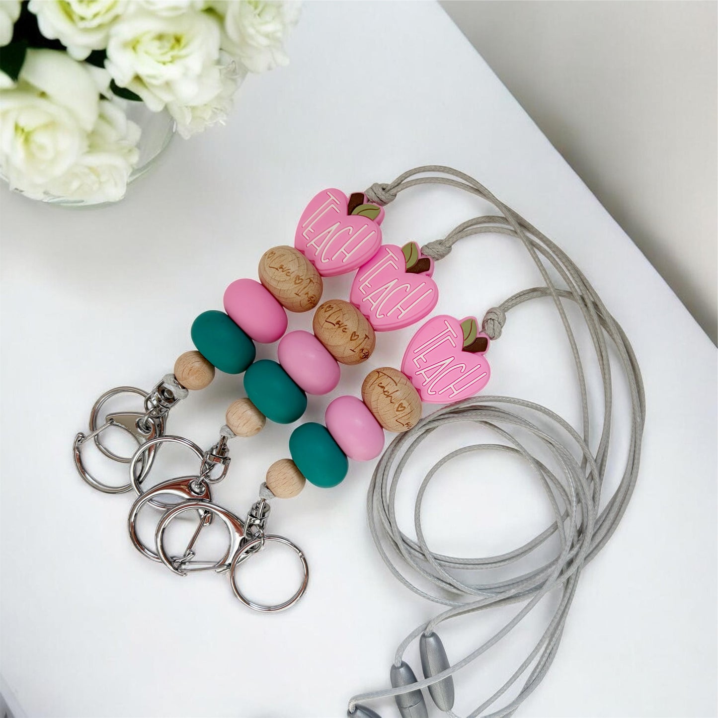 PINK APPLE TEACHER SILICONE BEAD LANYARD