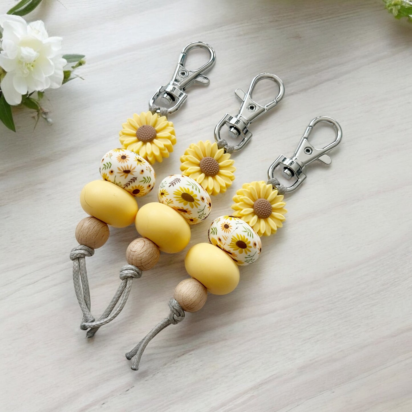 YELLOW SUNFLOWER SILICONE BEAD KEYRING
