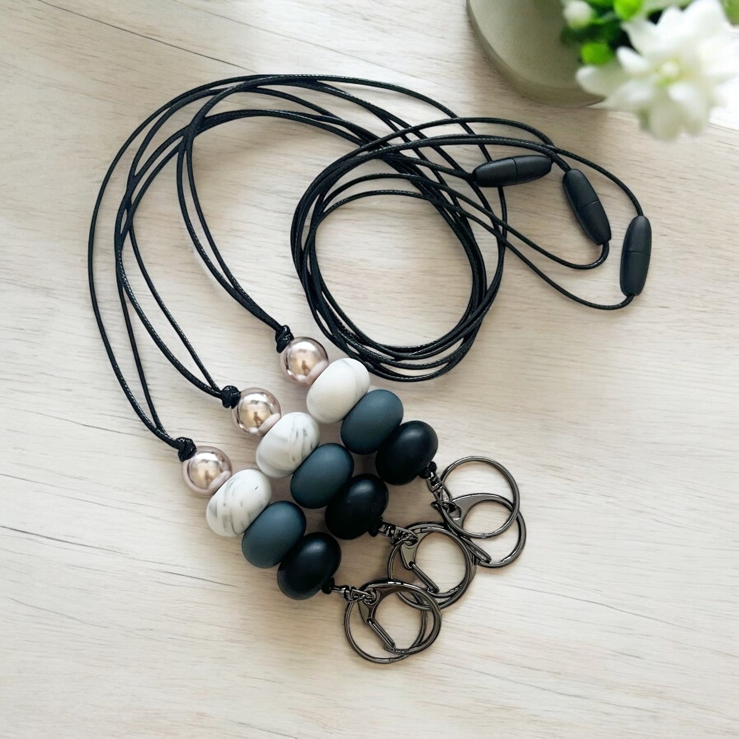 BLACK STORM MARBLE SILICONE BEAD LANYARD