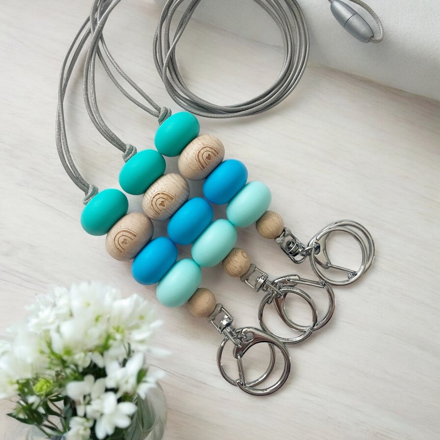 BLUE GREEN RAINBOW PRINT SILICONE BEAD LANYARD