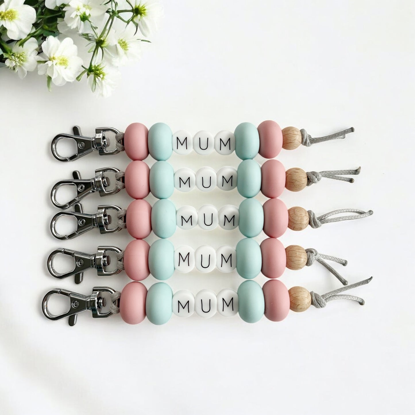 MUM PINk SEAGLASS SILICONE BEAD KEYRING