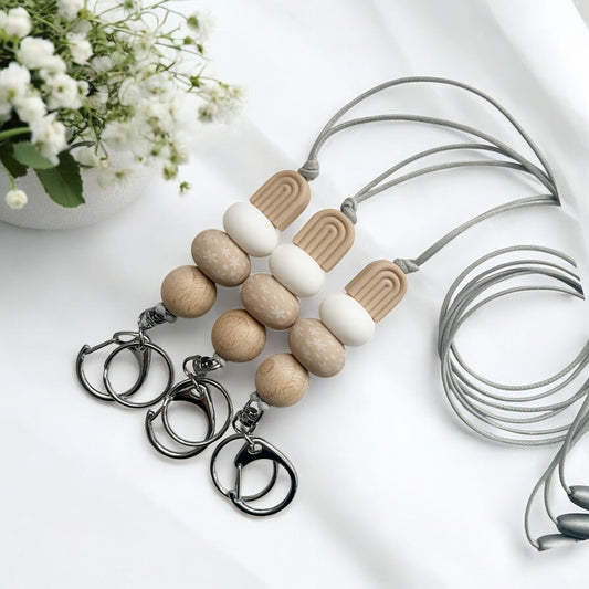 ARCH BEIGE & WHITE DAISY PRINT SILICONE BEAD LANYARD