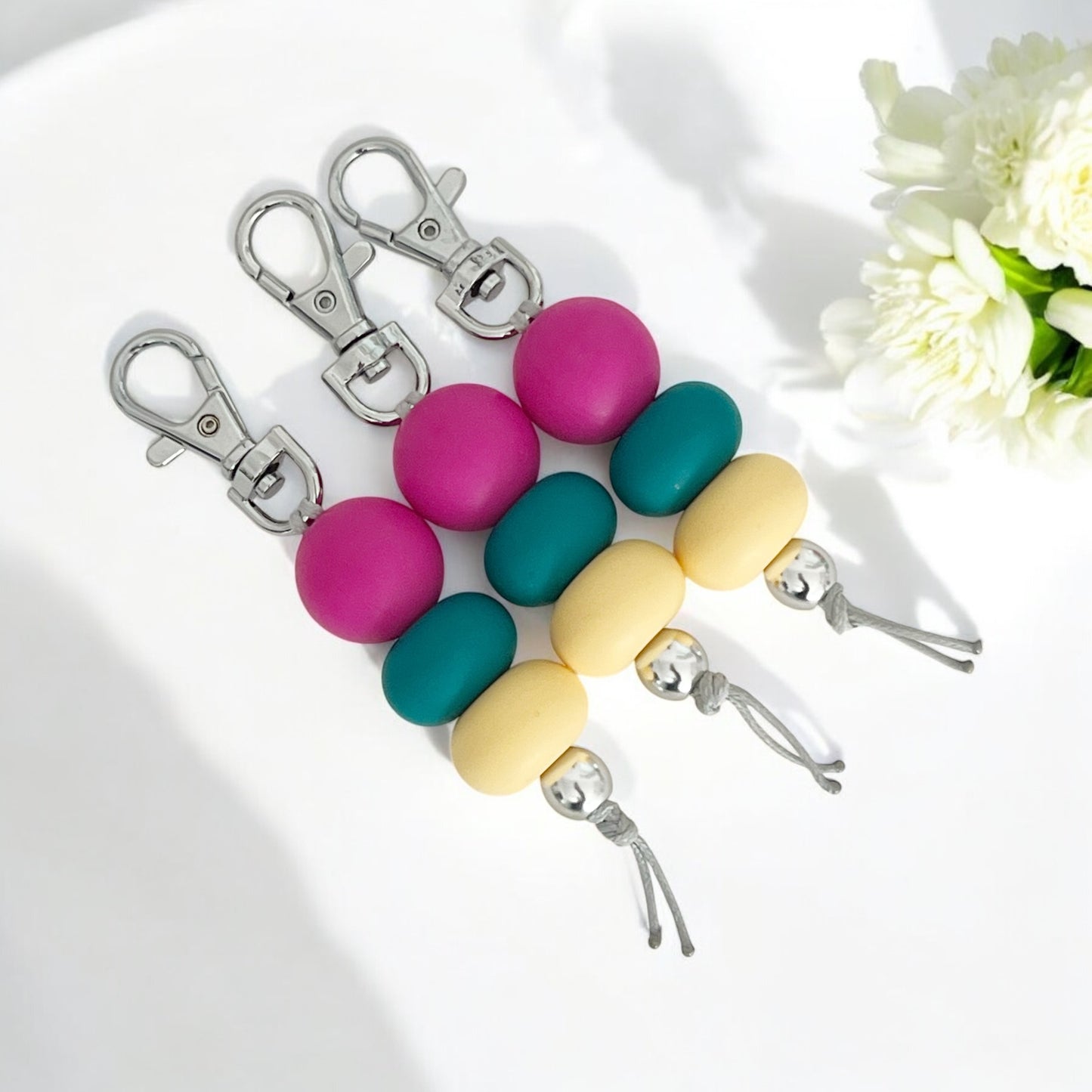 HOT PINK GREEN YELLOW MARBLE SILICONE BEAD KEYRING
