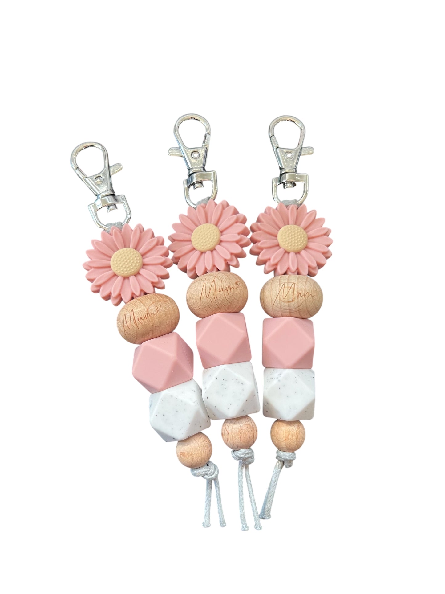 LARGE DUSTY PINK DAISY & MUM DASIY SILICONE BEAD KEYRING