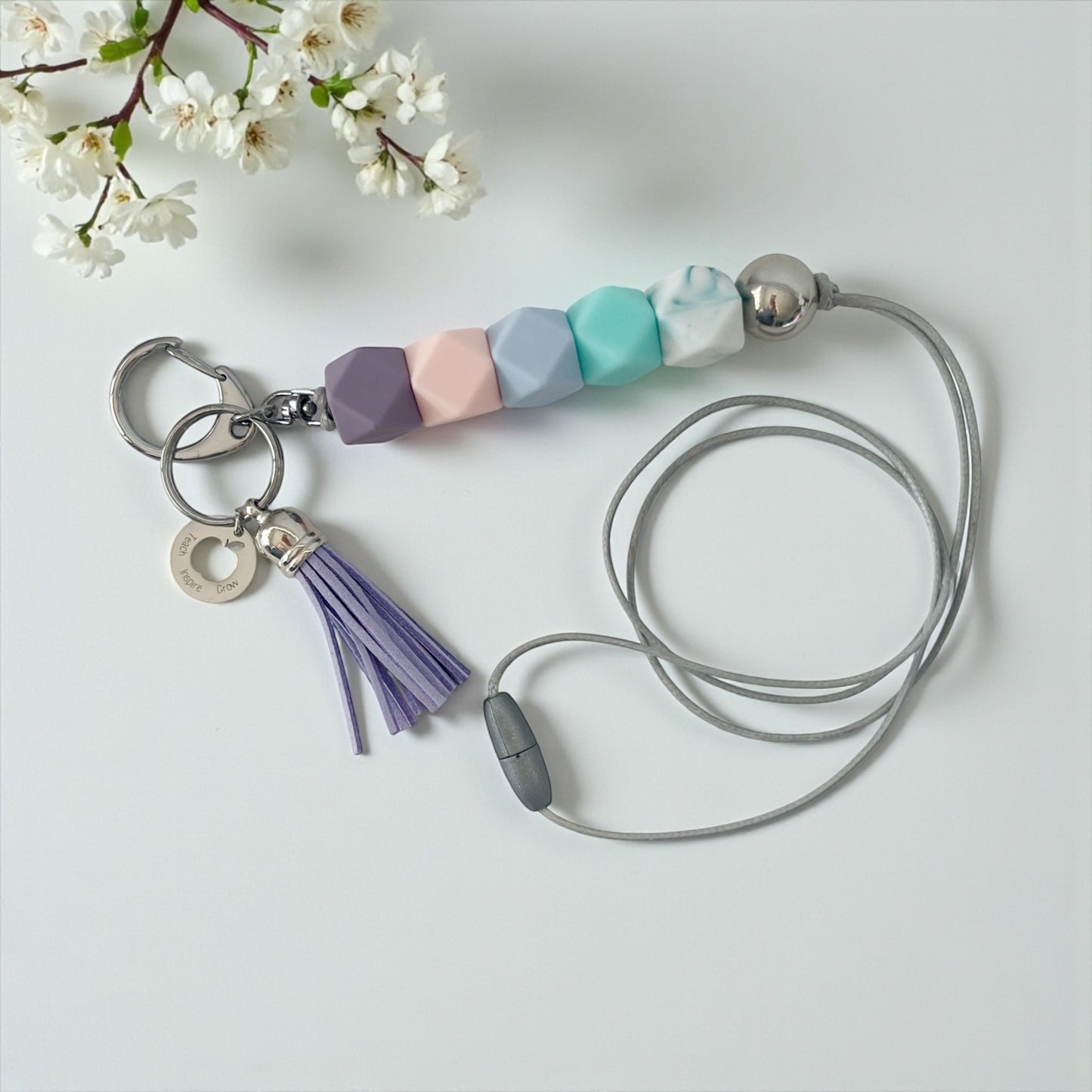 Teach Inspire Pastel Hex & Tassel SILICONE BEAD LANYARD