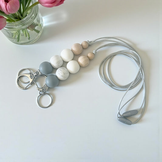 Grey Marble Wood SILICONE BEAD LANYARD