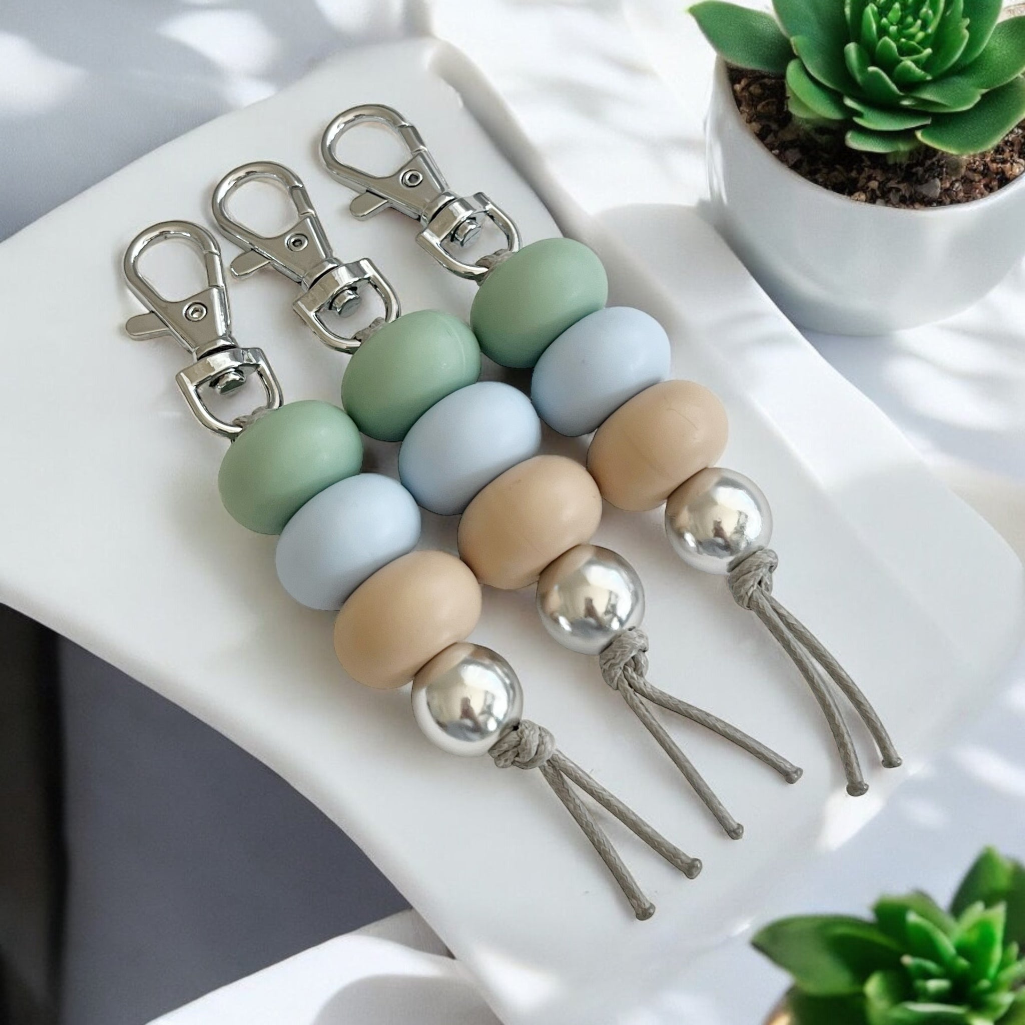 SAGE BLUE BEIGE SILICONE BEAD KEYRING