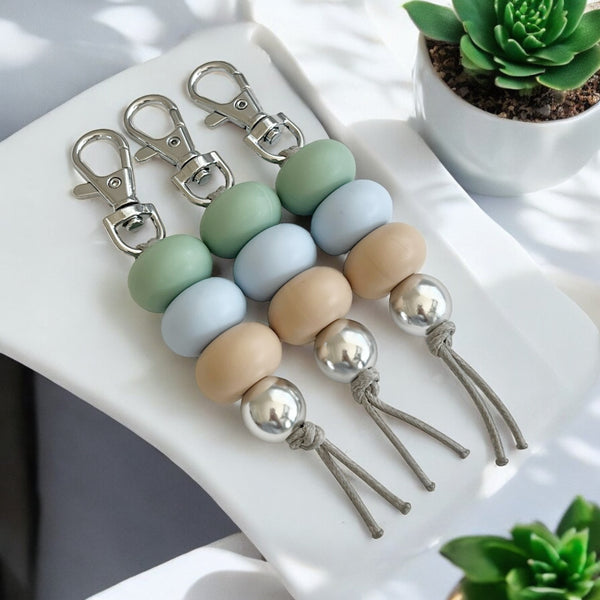 SAGE BLUE BEIGE SILICONE BEAD KEYRING