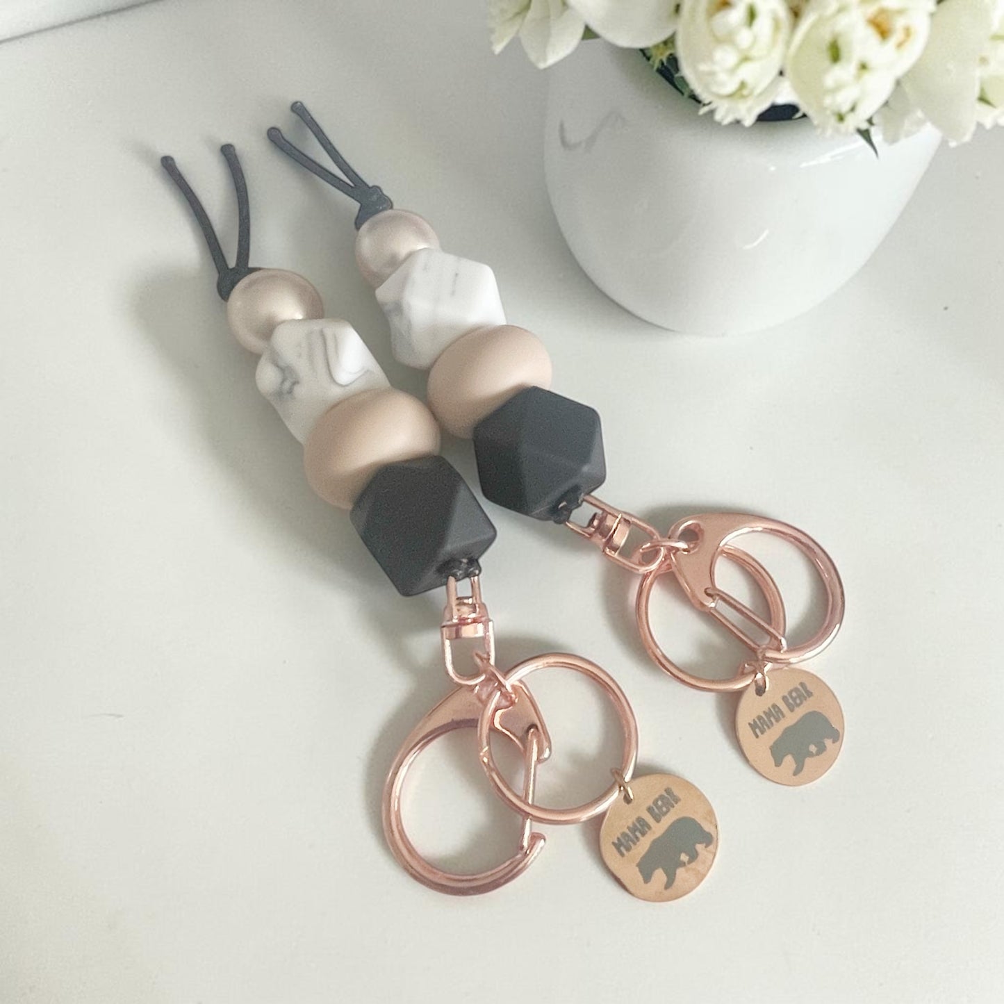 Mama Bear Black Marble Rose Gold SILICONE BEAD KEYRING