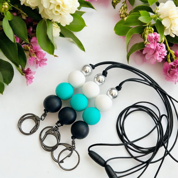 BLACK TEAL WHITE SILICONE BEAD LANYARD