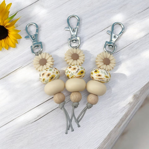 OATMEAL DAISY & SUNFLOWER SILICONE BEAD KEYRING