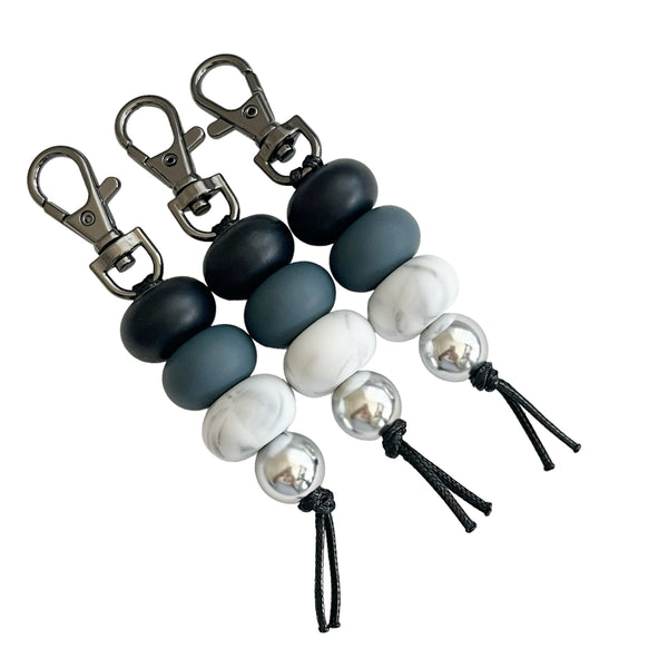 BLACK STORM MARBLE SILICONE BEAD KEYRING