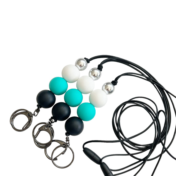 BLACK TEAL WHITE SILICONE BEAD LANYARD