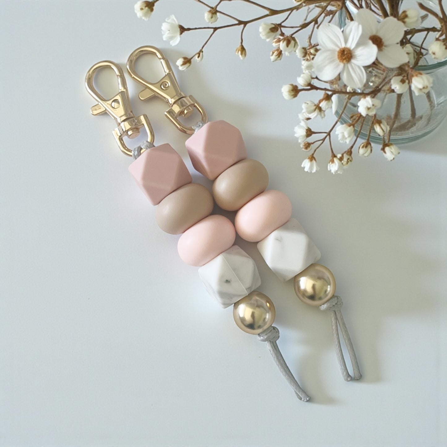 Dusty Pink Beige Marble SILICONE BEAD KEYRING
