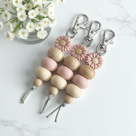 DUSTY PINK DAISY & WOOD DASIY SILICONE BEAD KEYRING