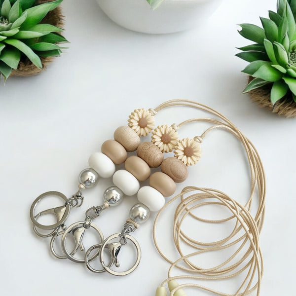 OATMEAL DAISY SILICONE BEAD LANYARD