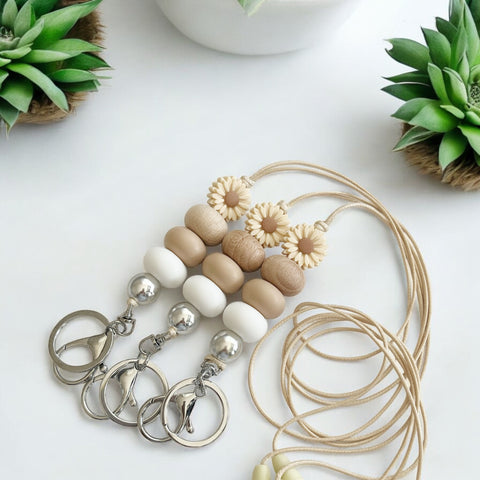 OATMEAL DAISY SILICONE BEAD LANYARD