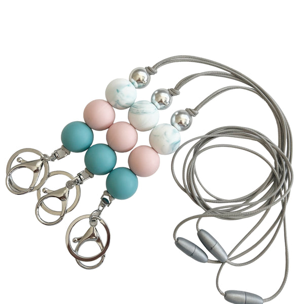 TEAL DUSTY PINK MARBLE SILICONE BEAD LANYARD