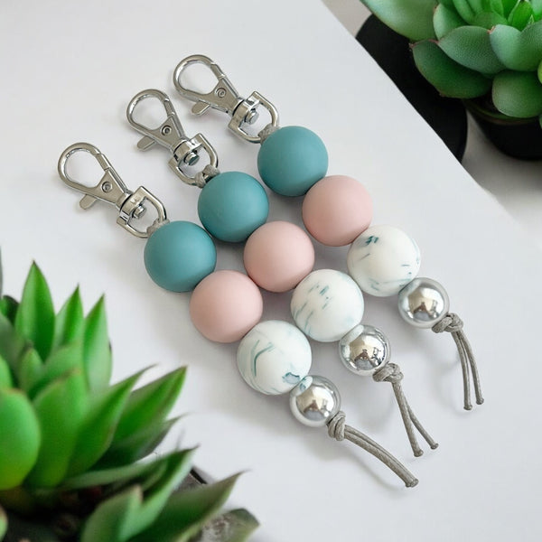 TEAL DUSTY PINK MARBLE SILICONE BEAD KEYRING