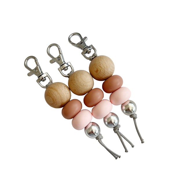 WOOD CLAY PINK SILICONE BEAD KEYRING