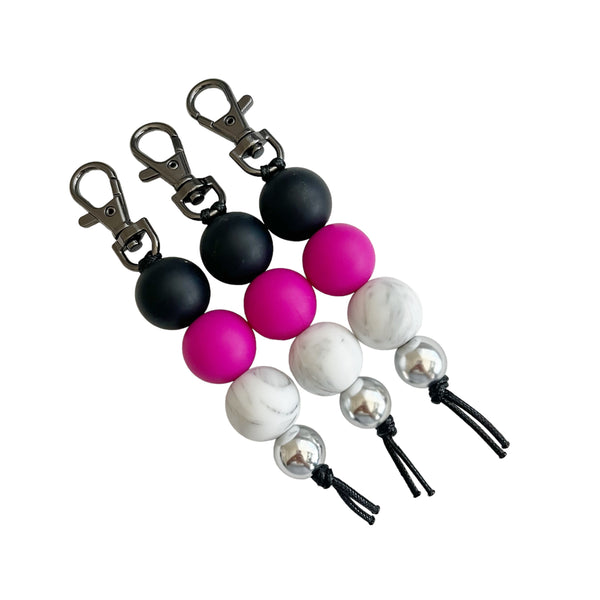 BLACK HOT PINK MARBLE SILICONE BEAD KEYRING