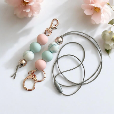 PINK SEAGLASS TEAL MARBLE  LANYARD & KEYRING BUNDLE