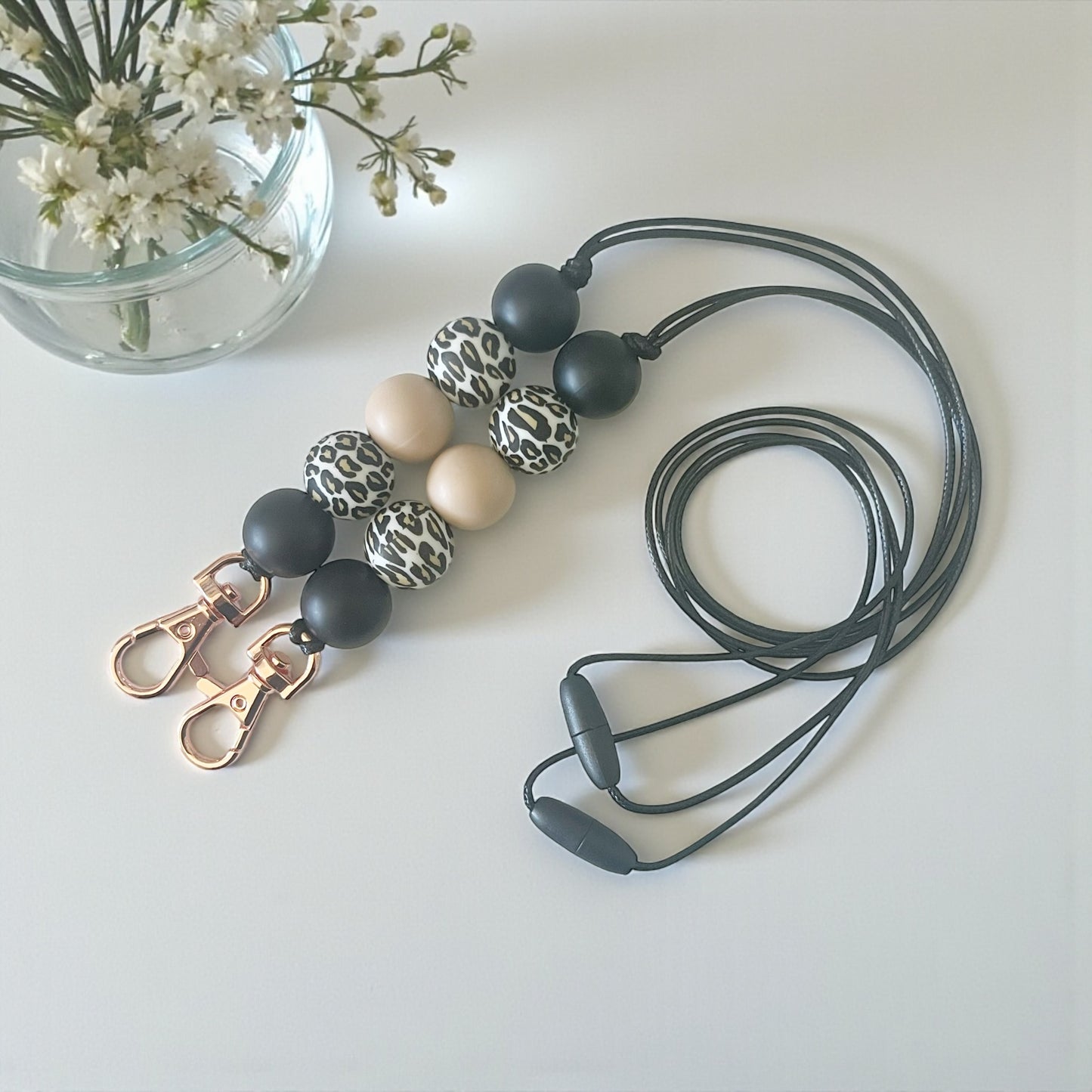 Black Leopard Print SILICONE BEAD Rose Gold LANYARD
