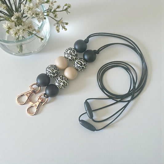 Black Leopard Print SILICONE BEAD Rose Gold LANYARD