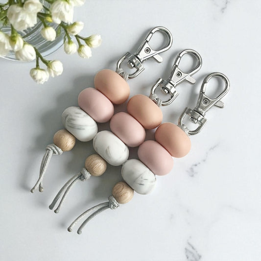 PEACH PINK MARBLE SILICONE BEAD KEYRING