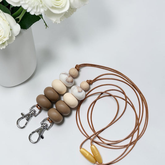 SOFT BROWN & CARAMEL MARBLE SILICONE BEAD LANYARD