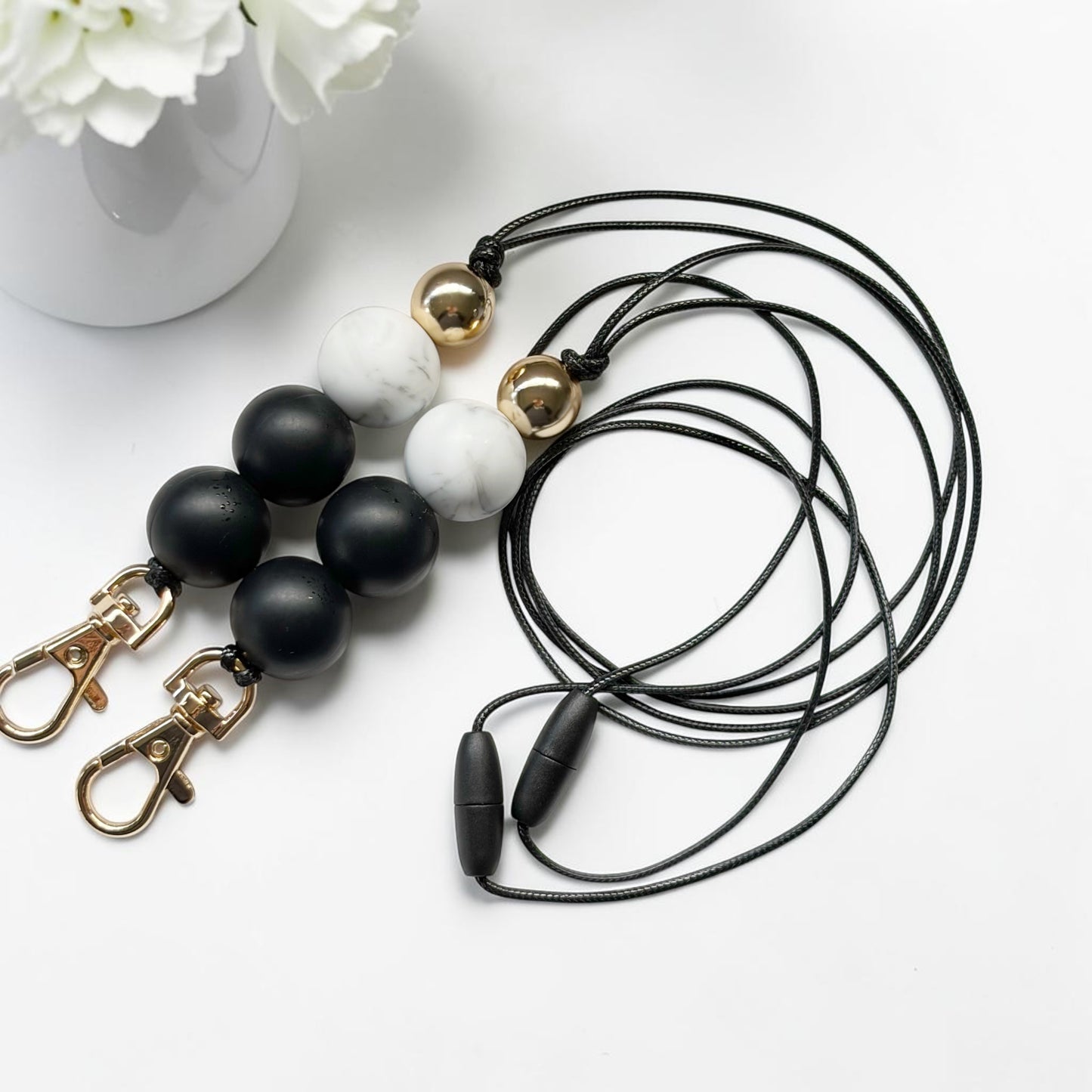 BLACK & MARBLE SILICONE BEAD LANYARD