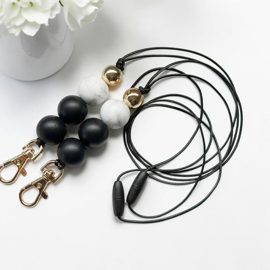 BLACK & MARBLE SILICONE BEAD LANYARD