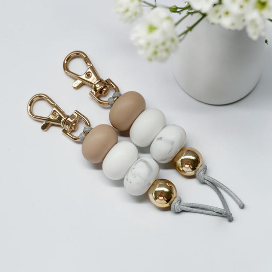 Beige white marble Gold SILICONE BEAD KEYRING