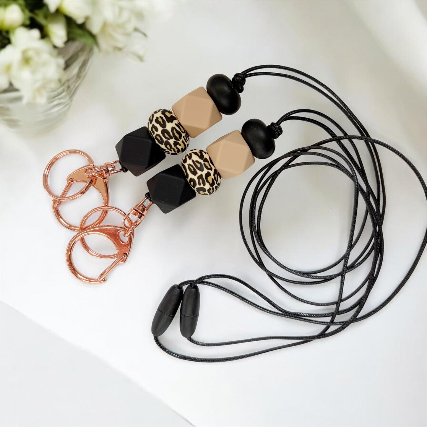 BLACK LEOPARD & ROSEGOLD SILICONE BEAD LANYARD