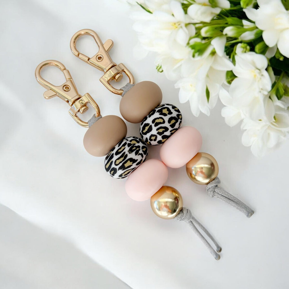 Beige Leopard Print Pink Gold SILICONE BEAD KEYRING