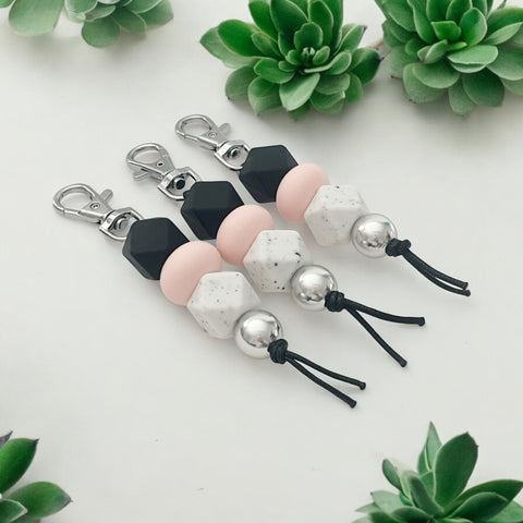 BLACK PINK WHITE SPECK SILICONE BEAD KEYRING