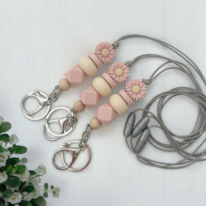 DUSTY PINK DAISY SILICONE BEAD LANYARD