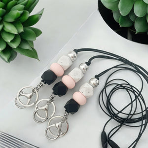 BLACK PINK WHITE SPECK SILICONE BEAD LANYARD