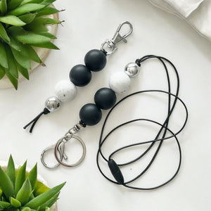 BLACK WHITE SPECK  LANYARD & KEYRING BUNDLE