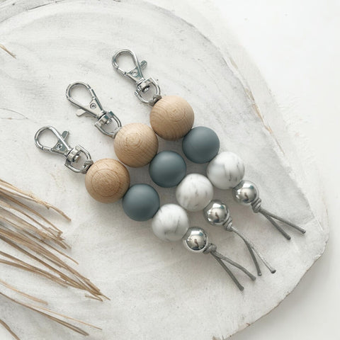 WOOD GREY MARBLE SILICONE BEAD KEYRING