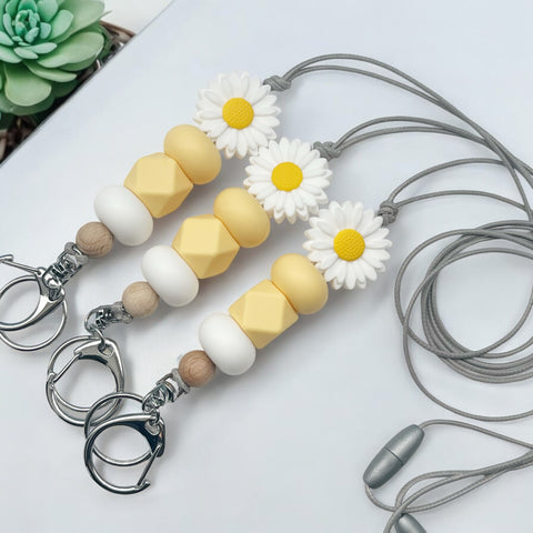 LARGE WHITE DAISY SILICONE BEAD LANYARD