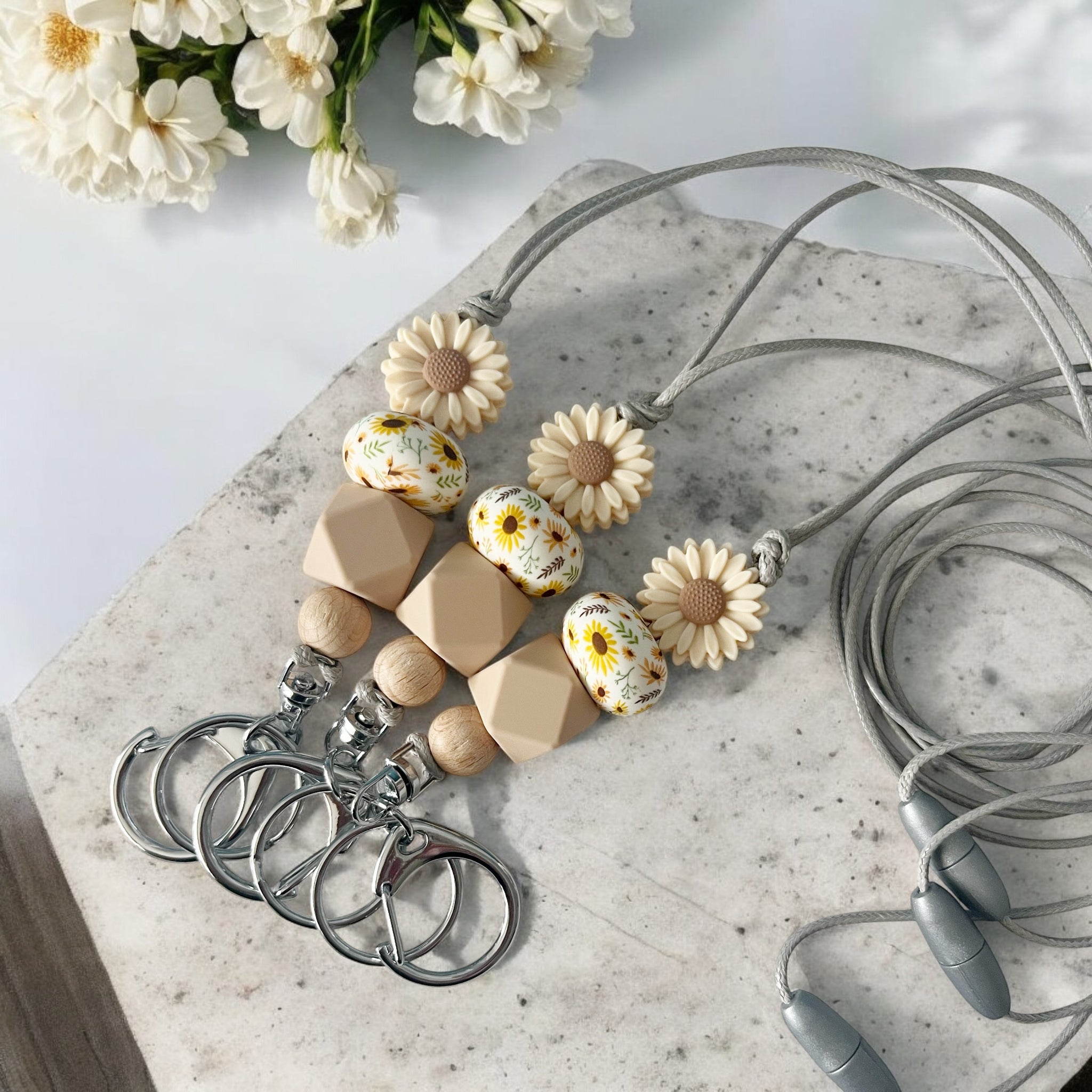 OATMEAL DAISY & SUNFLOWER SILICONE BEAD LANYARD