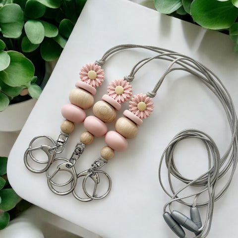 DUSTY PINK DAISY SILICONE BEAD LANYARD