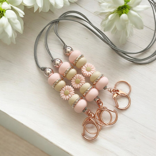 BABY PINK DAISY ROSEGOLD SILICONE BEAD LANYARD