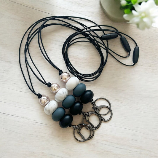 BLACK STORM MARBLE SILICONE BEAD LANYARD