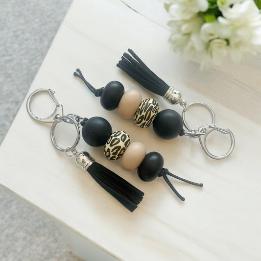 BLACK LEOPARD PRINT & TASSEL SILICONE BEAD KEYRING